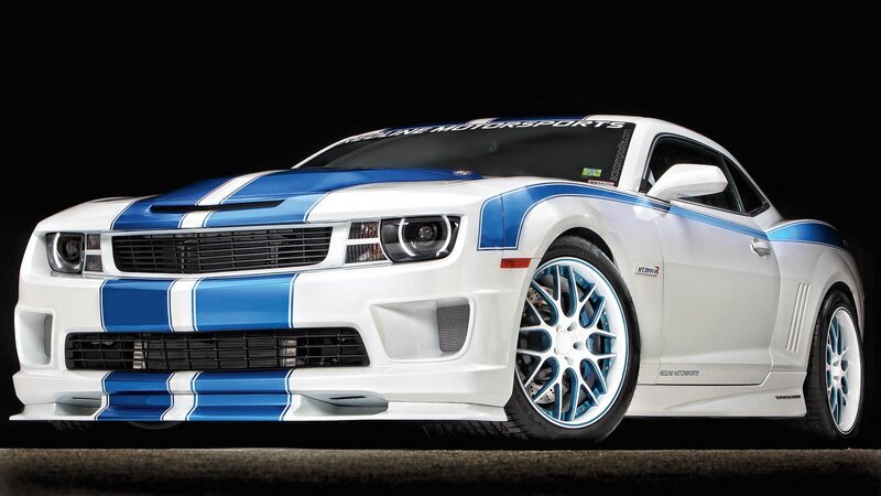 white and blue camaro sports car