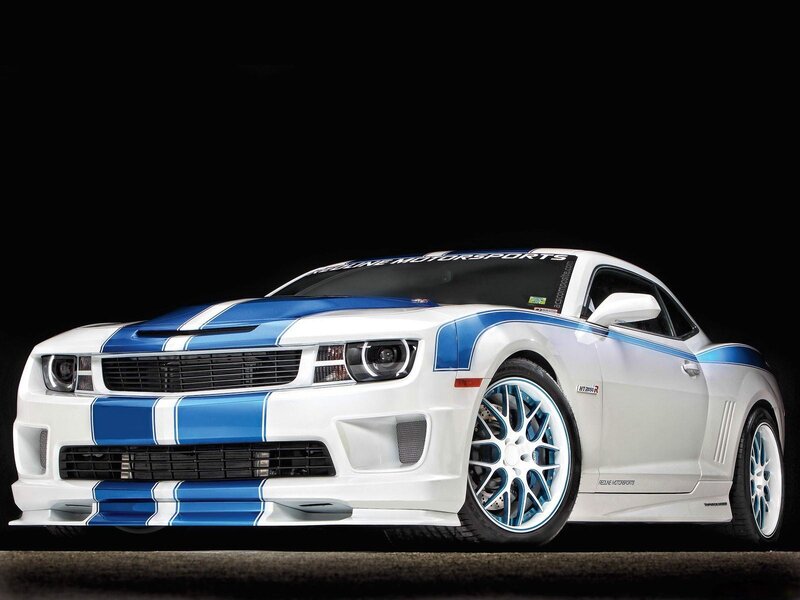 white and blue camaro sports car