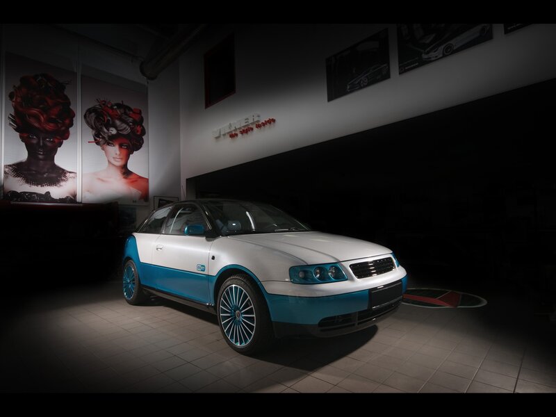 White and blue car in showroom
