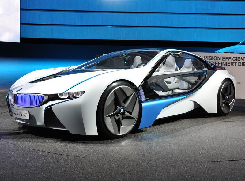 White and Blue Concept Car — Modern, Photograph, Showroom