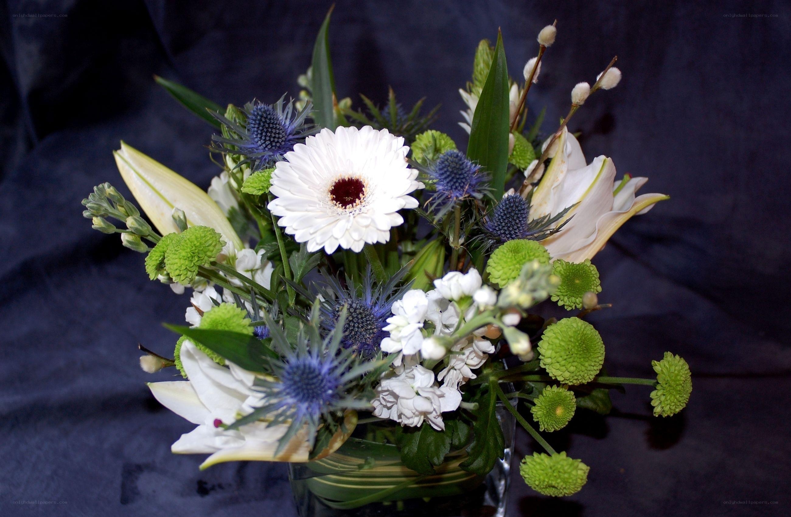 white and blue flower bouquet