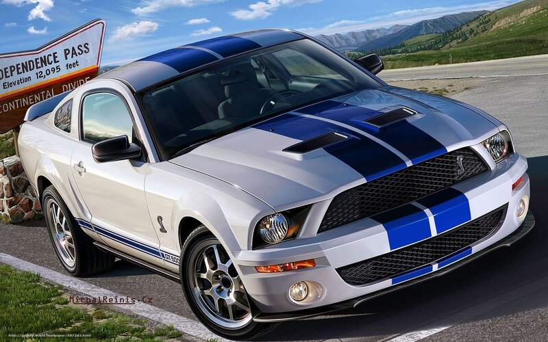 White and blue Ford Mustang
