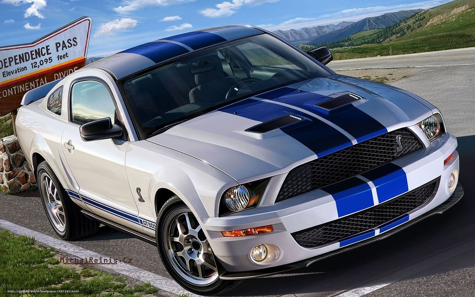 White and blue Ford Mustang
