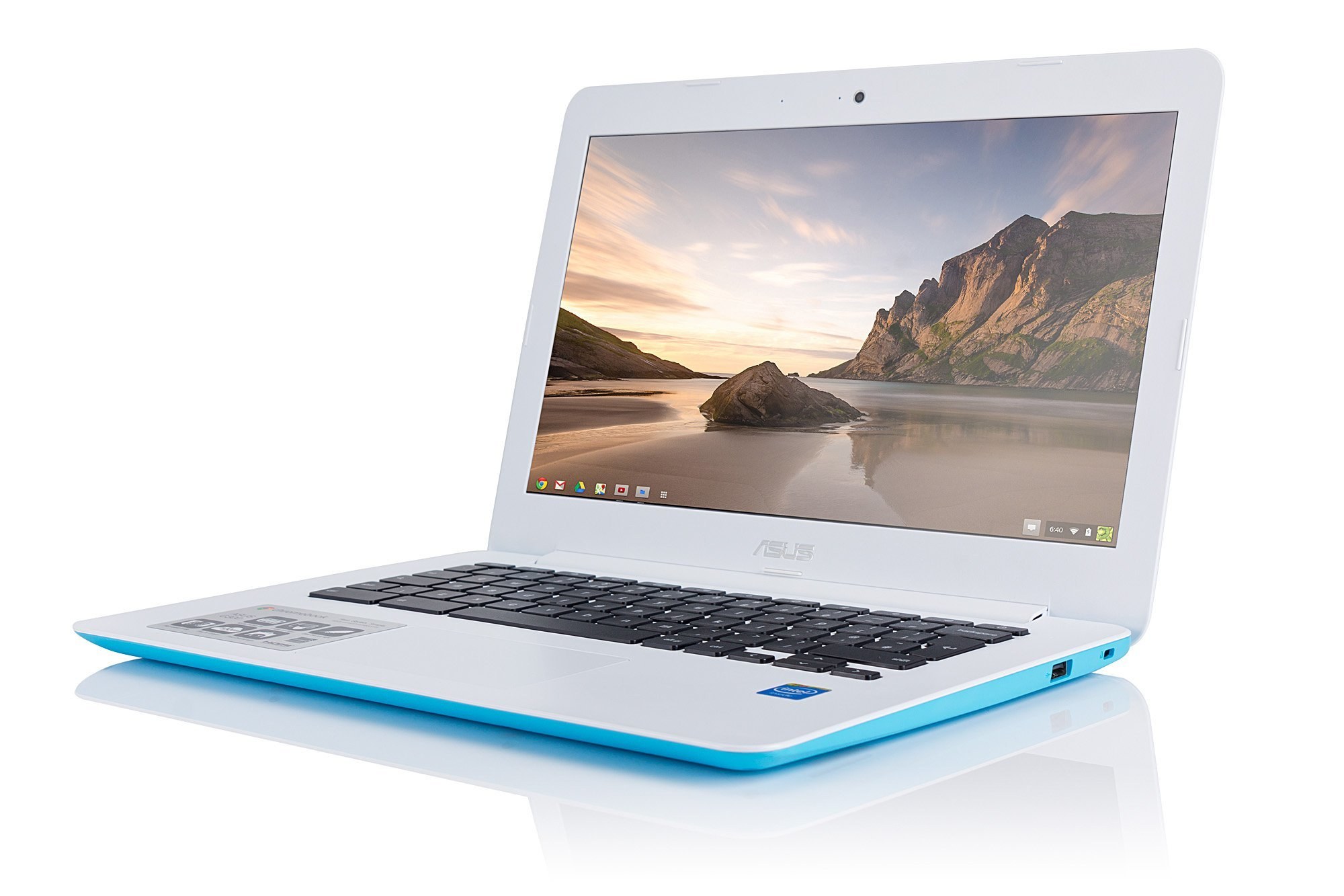 white and blue laptop