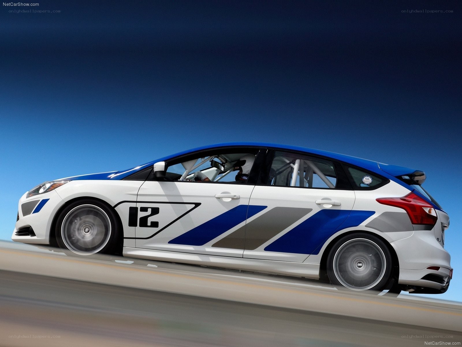 white and blue race car