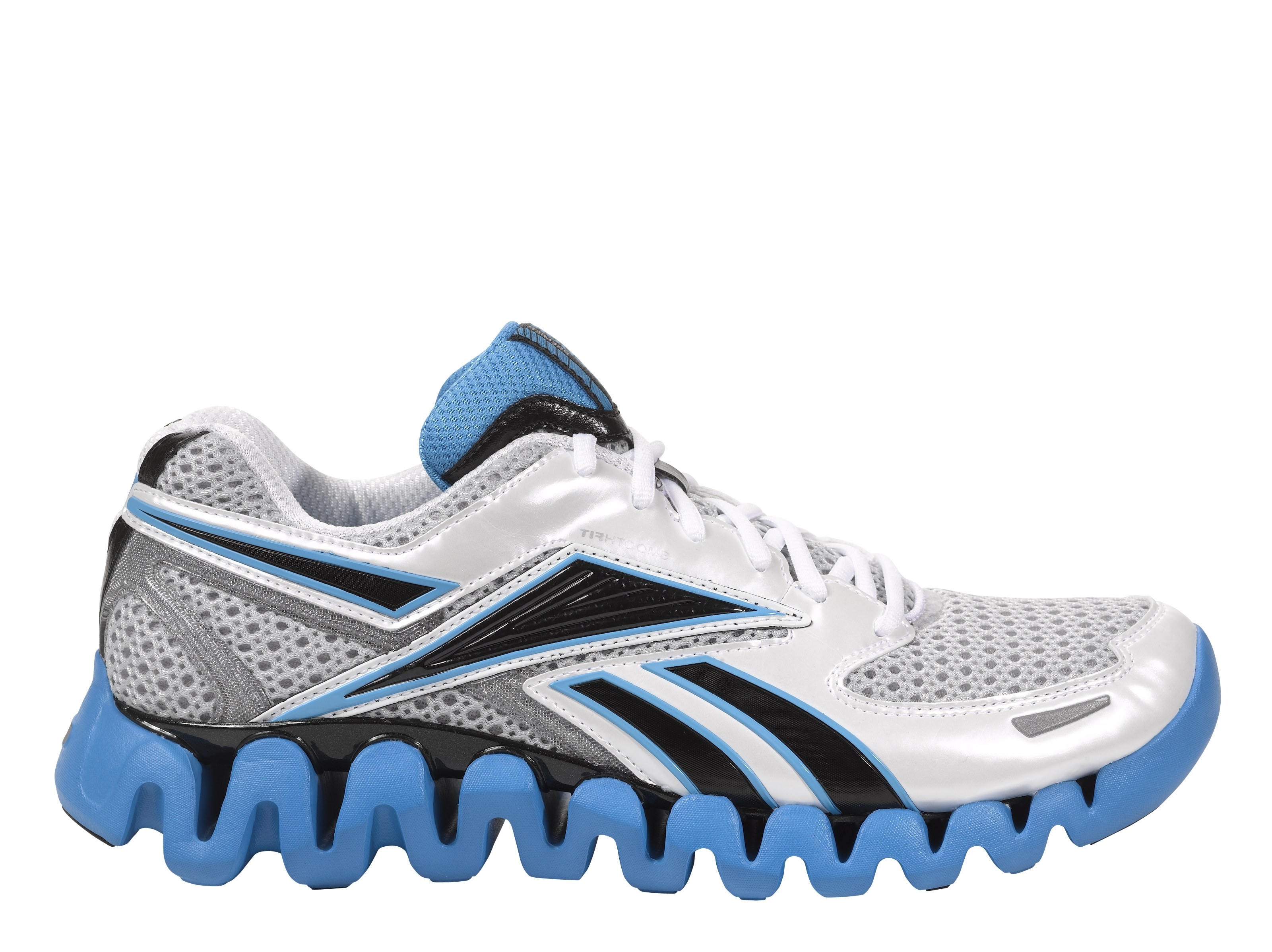 white and blue running shoe