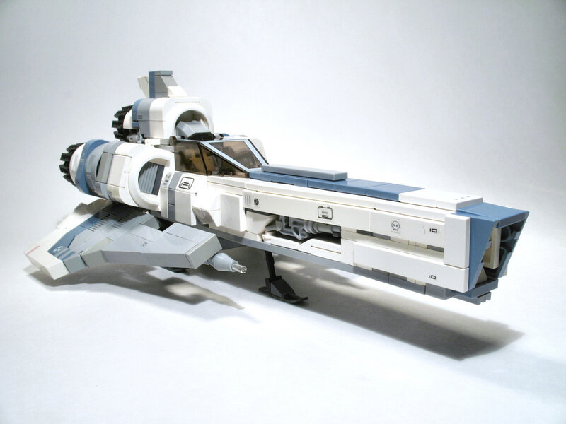 white and blue spaceship model