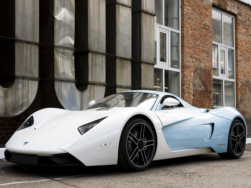 white and blue sports car