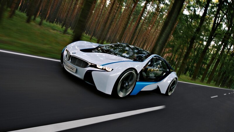 White and Blue Sports Car — Dynamic, Afternoon, Photograph, Road, Forest, Trees