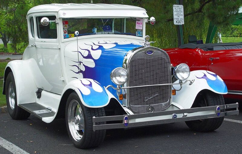 White and blue vintage car
