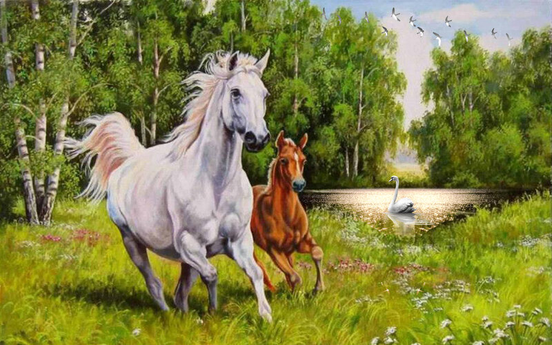White and Brown Horses — Green, Serene