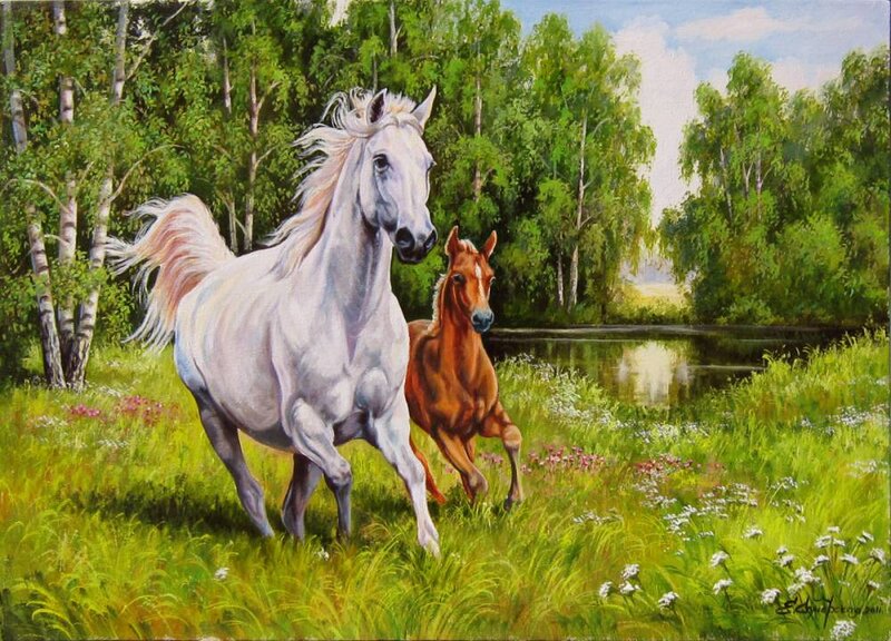 White and Brown Horses — Green