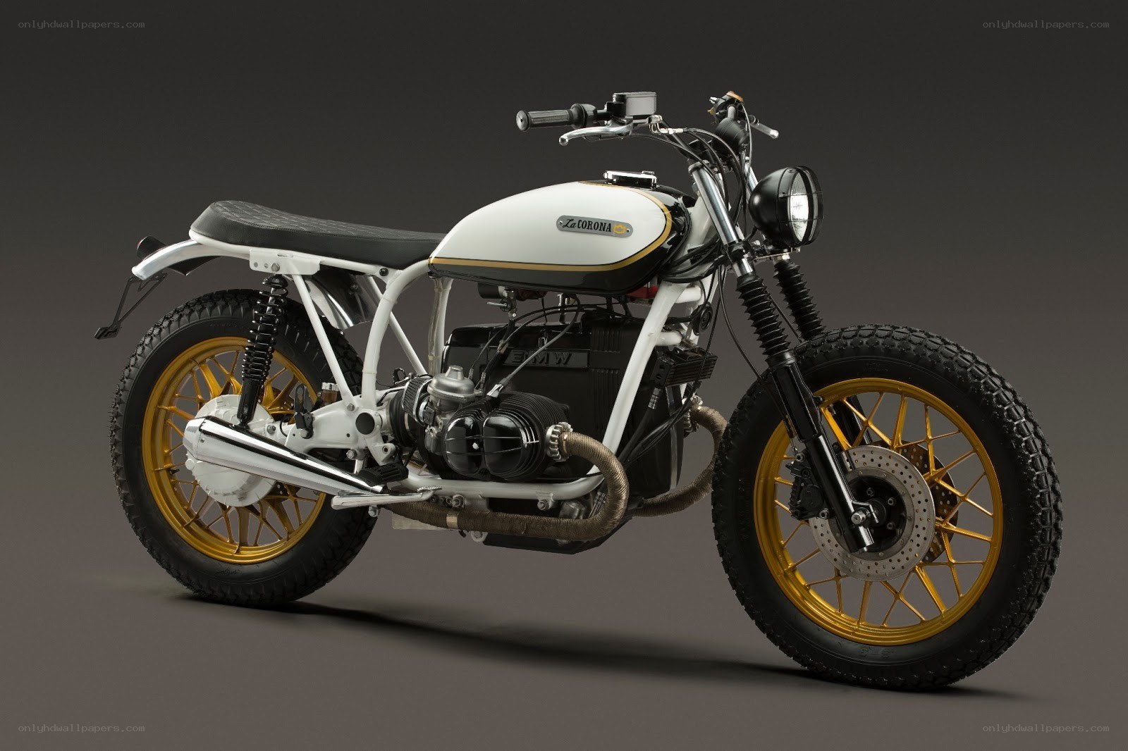 white and gold custom motorcycle