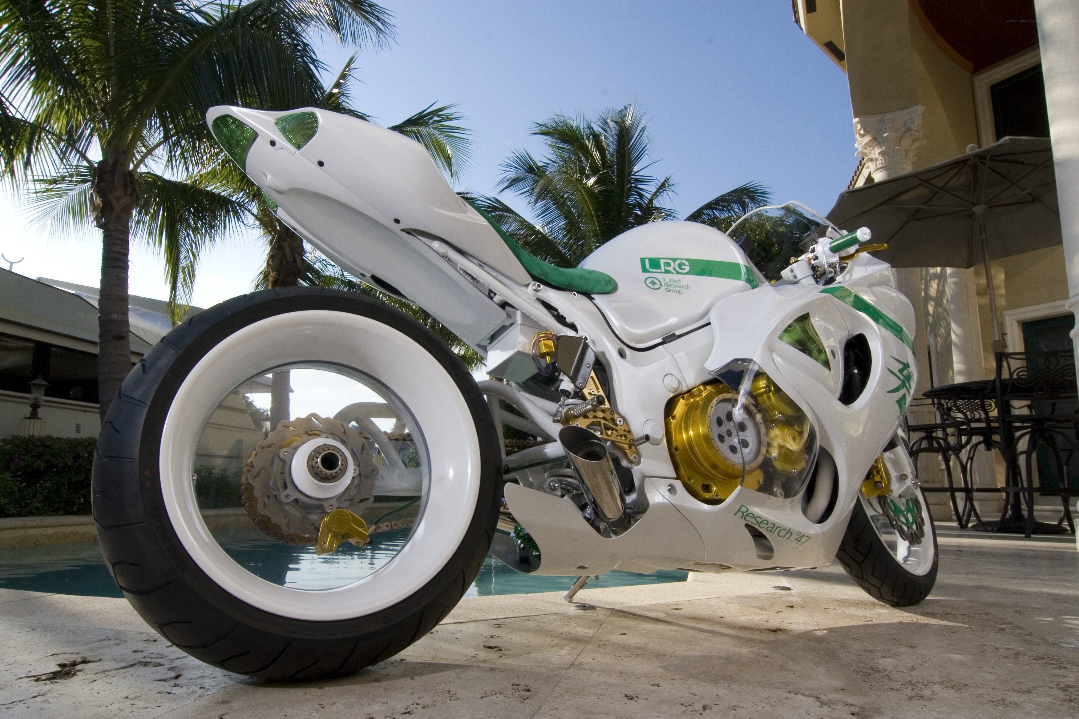White and green custom motorcycle