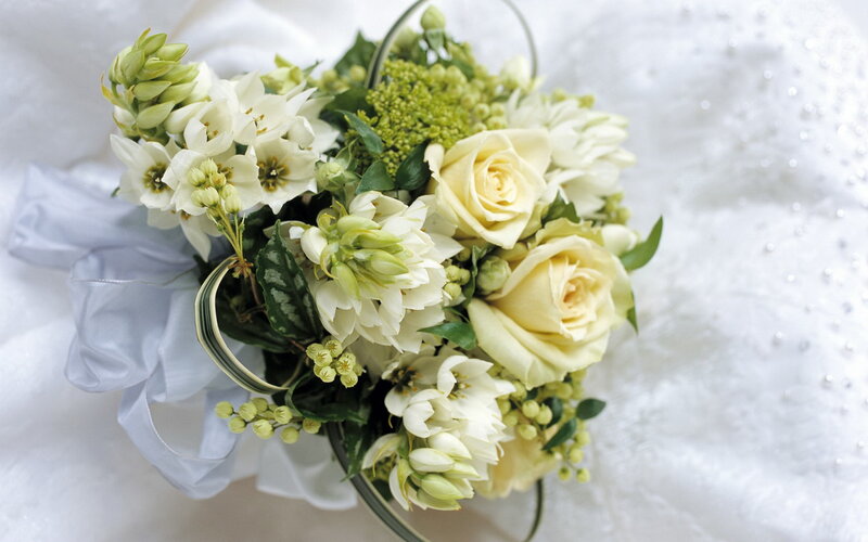 White and Green Flower Bouquet — Elegant, Photograph, Ribbon