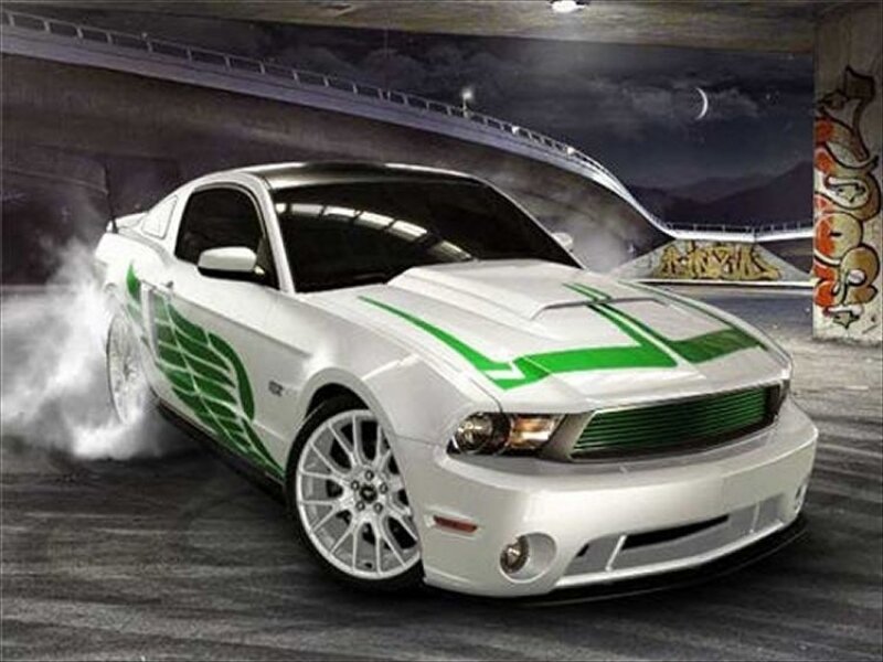 white and green mustang car