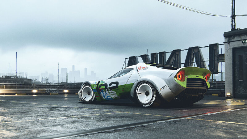 White and Green Race Car — Gray