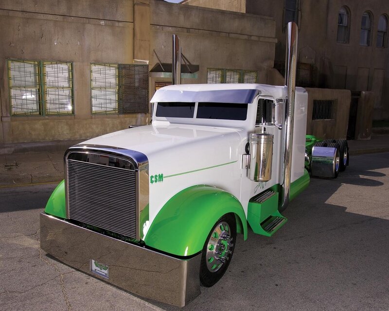 White and Green Semi-truck — Dramatic