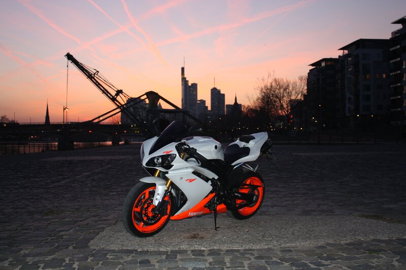 White and Orange Motorcycle — Dramatic, Sunset