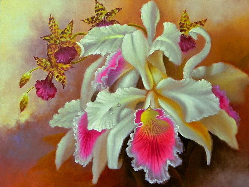 White and Pink Orchids — Serene, Painting