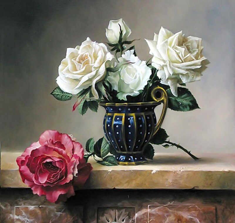 White and Pink Roses — Blue