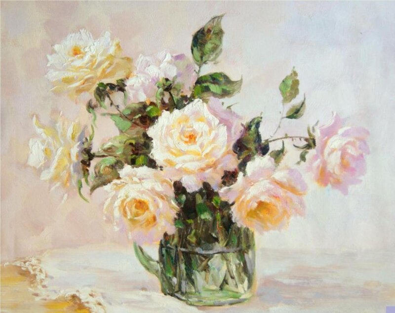 White and Pink Roses — Serene, Painting