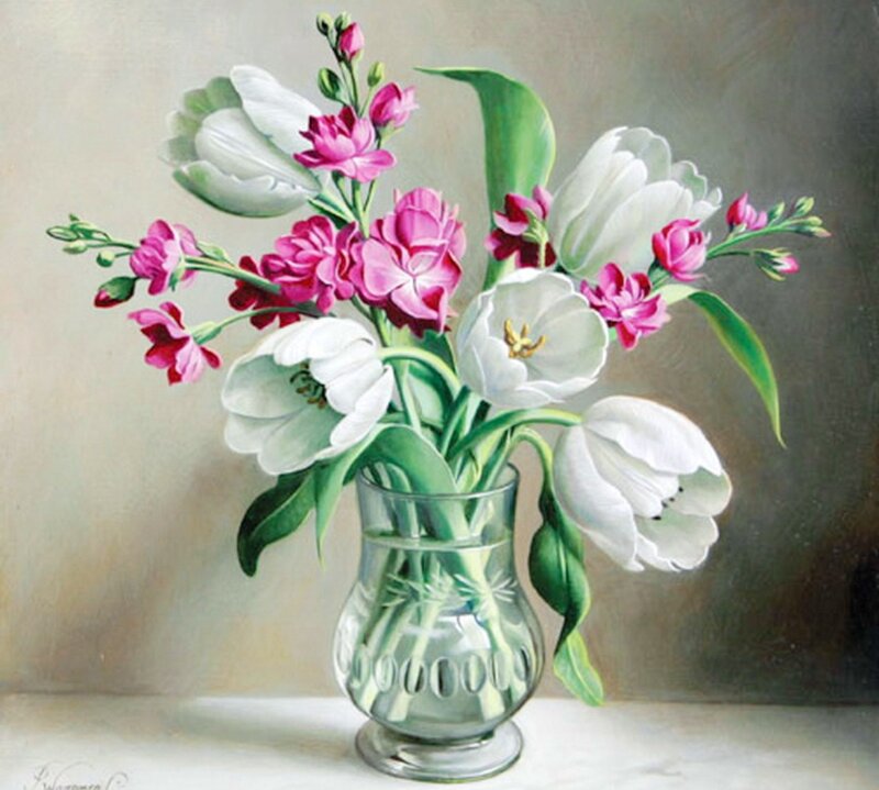 White and Pink Tulips — Serene, Painting