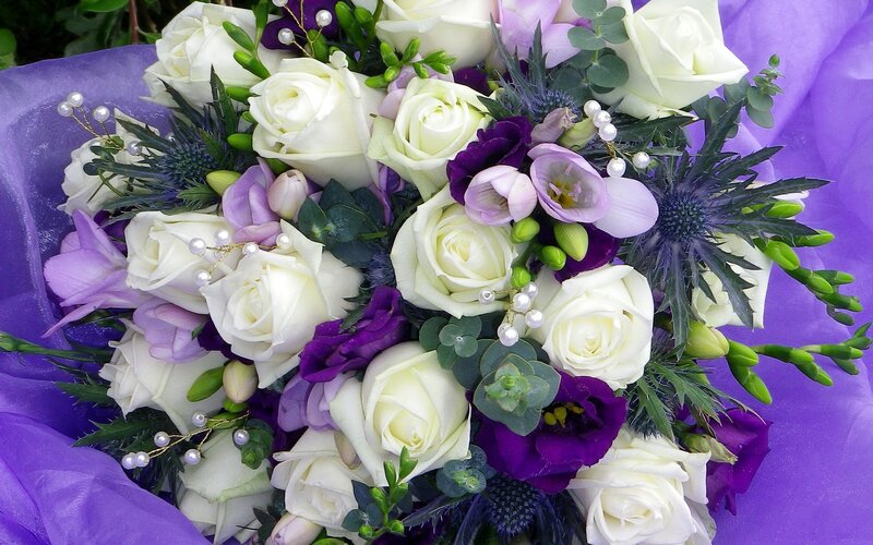 white and purple flower bouquet