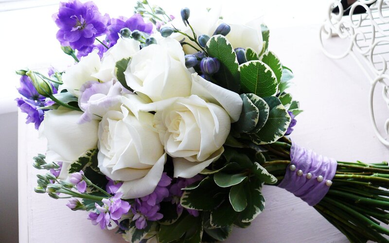 white and purple flower bouquet