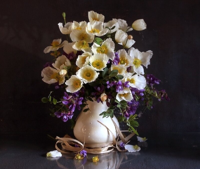 White and Purple Flowers — Dramatic, Photograph, Vase