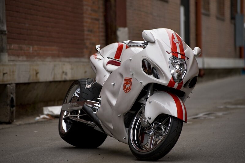 White and Red Motorcycle — Dramatic, Photograph, Brick Wall, Asphalt
