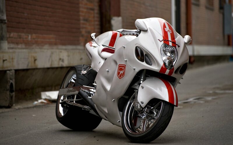White and Red Motorcycle — Dramatic, Photograph, Brick Wall