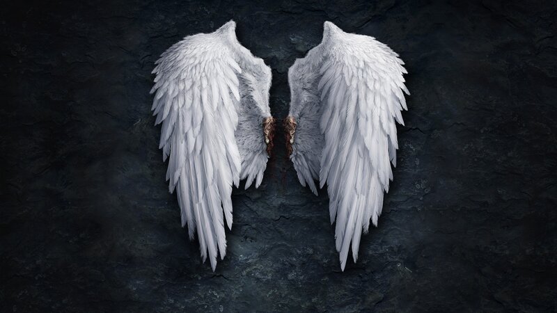 White Angel Wings — Dramatic, Digital Art, Stone Wall, Blood