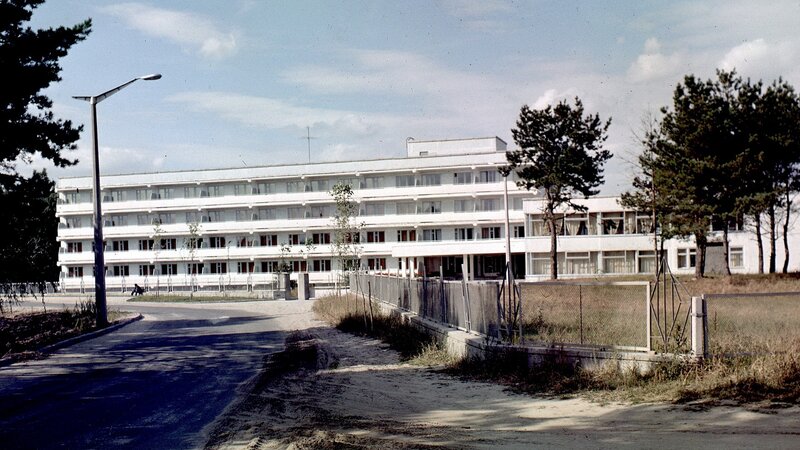 White apartment building in a park