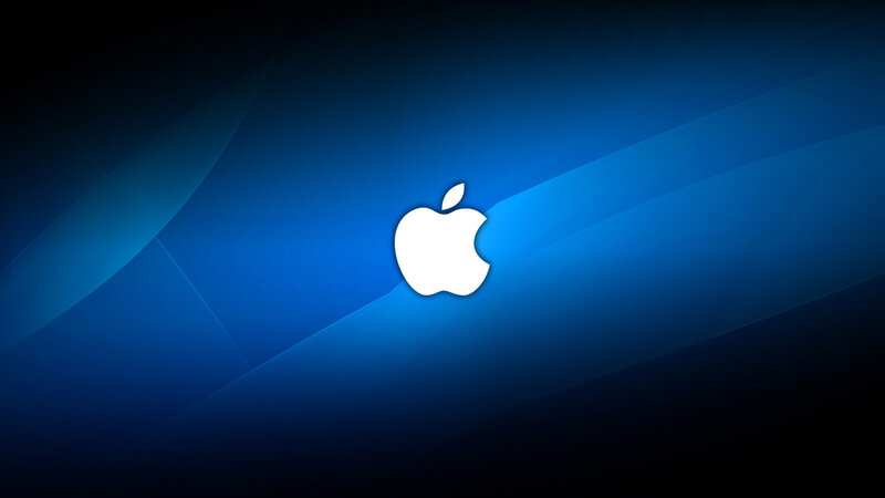 White Apple Logo — Blue, Minimalist, Digital Art, Blue Background
