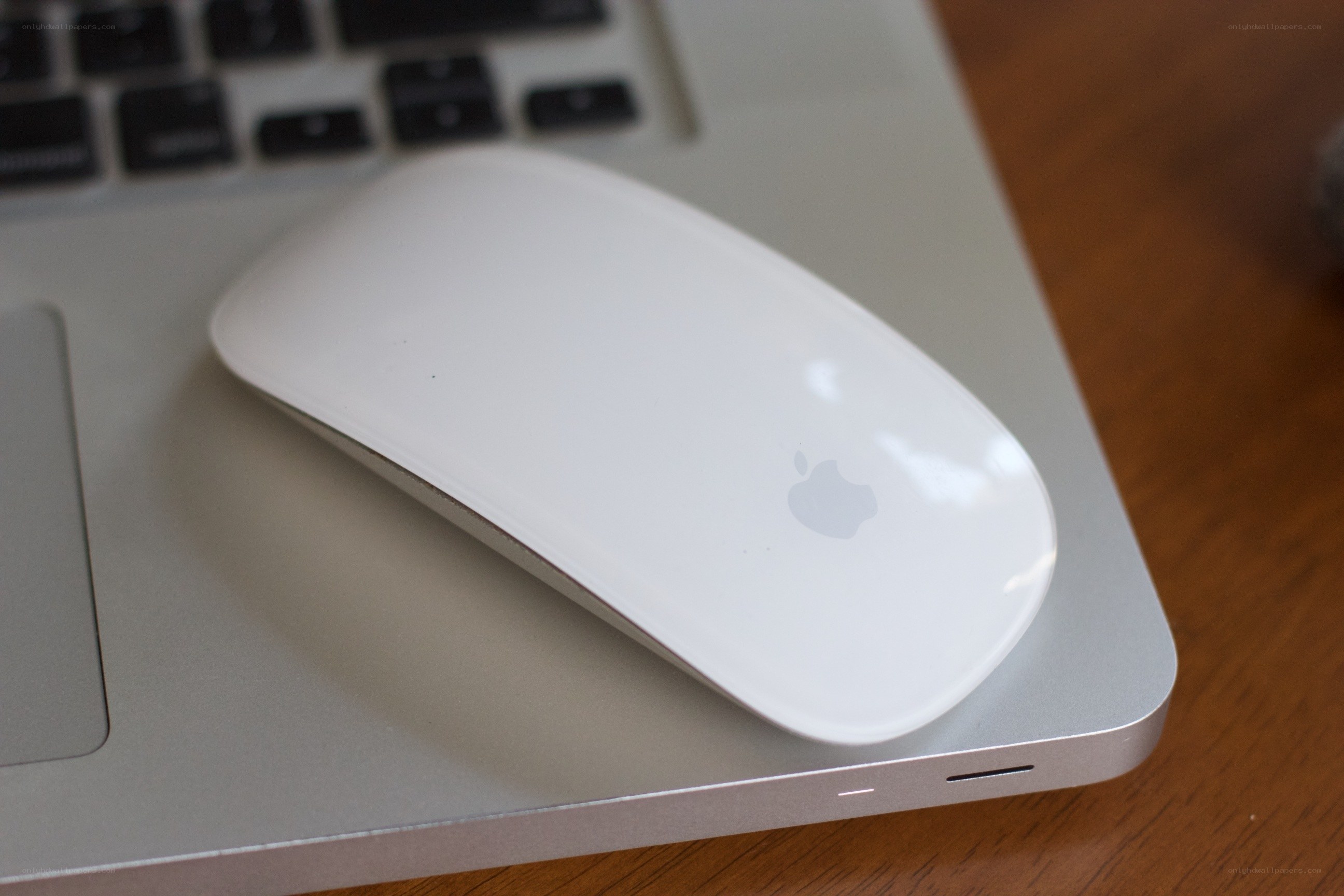 white apple mouse on laptop