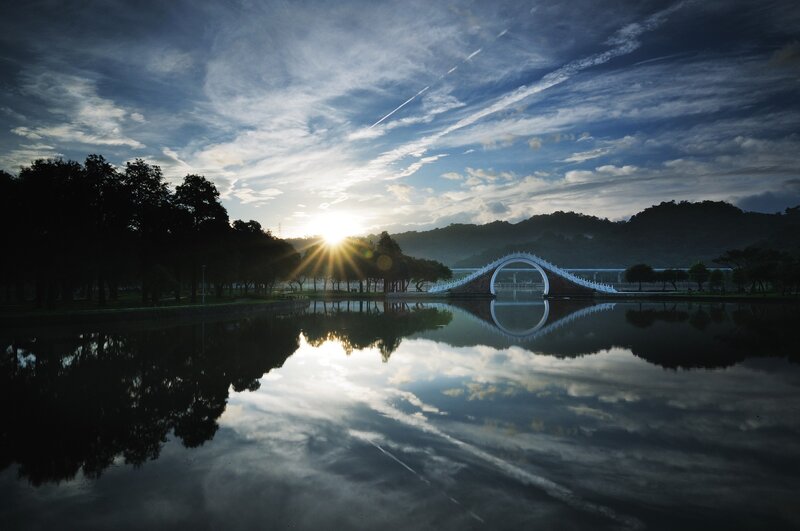 White Arched Bridge — Blue, Serene, Sunrise