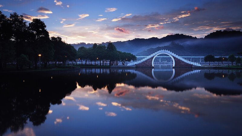 White Arched Bridge — Blue, Serene, Sunset