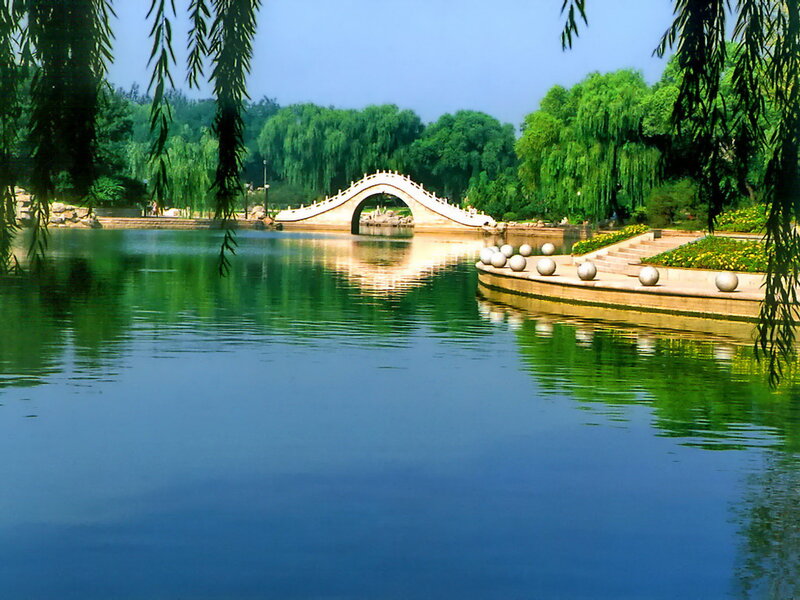 White Arched Bridge over Lake
