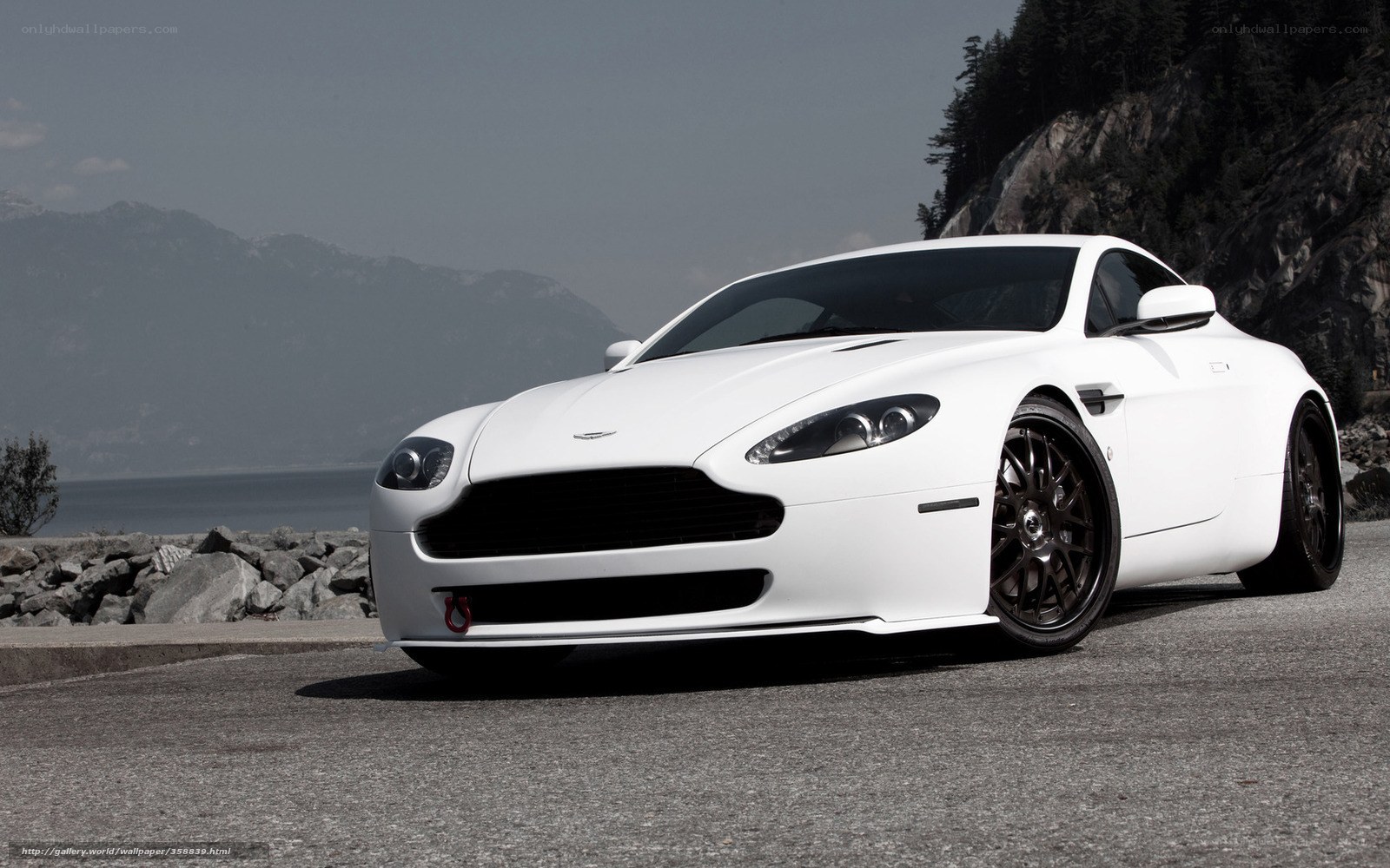 White Aston V8 parked by the lake