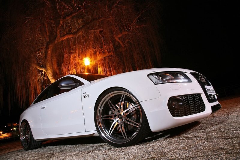 White Audi Coupe — Dramatic, Night, Photograph, Car, Tree, Streetlight, Black