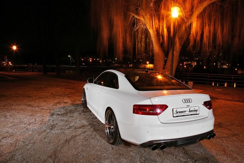 White Audi Coupe — Dramatic, Night, Photograph, Car, Tree, Streetlight