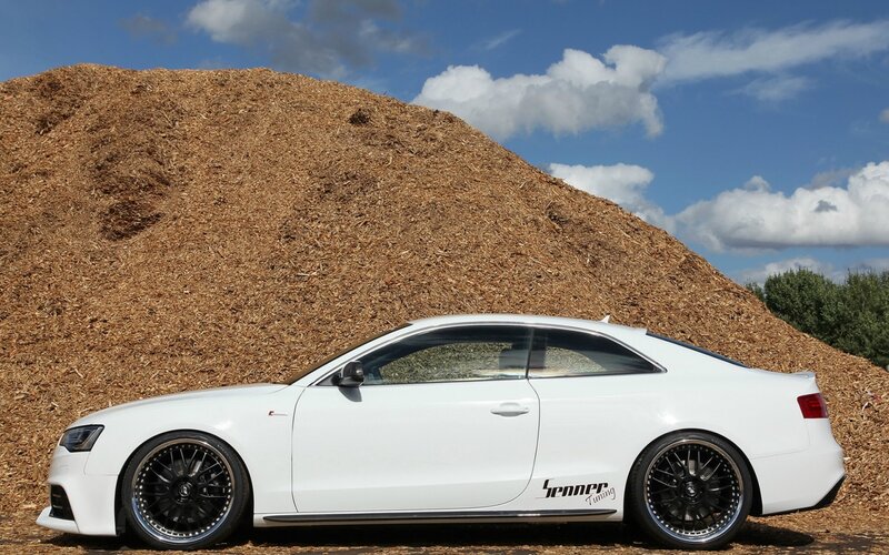 white audi coupe on wood chips