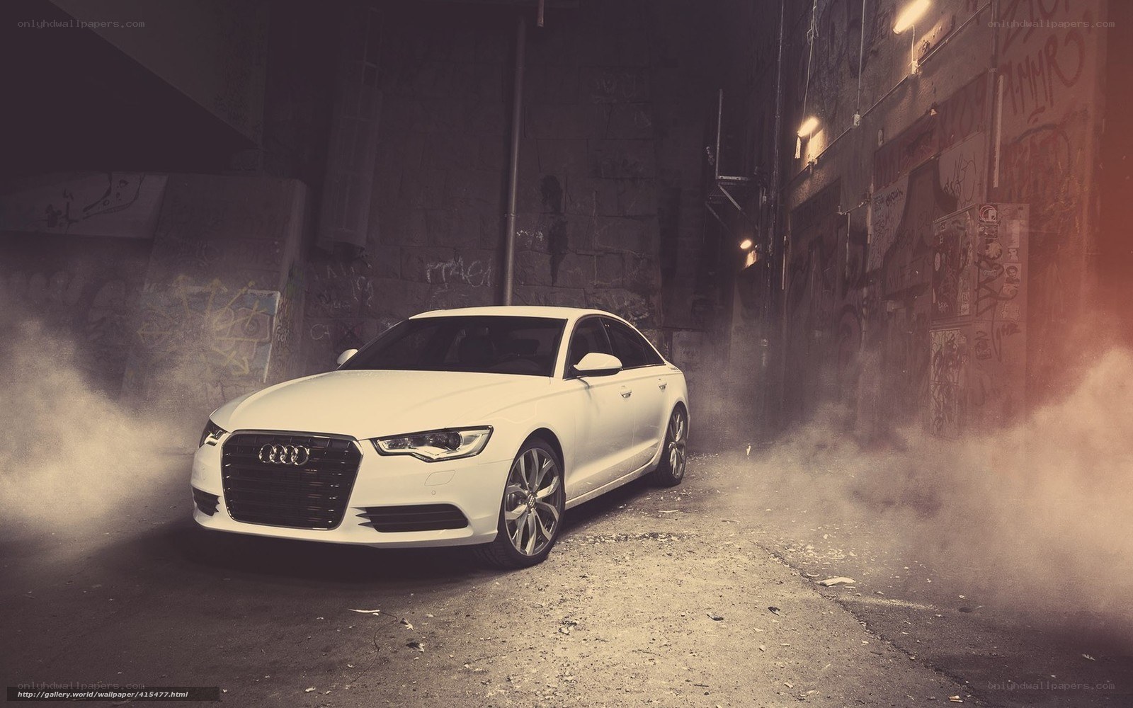 White Audi in a smoky alley
