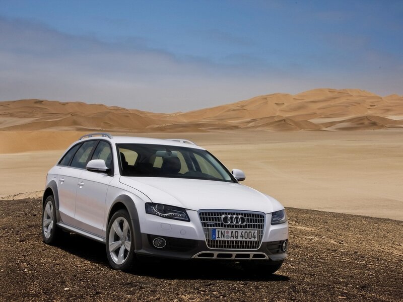 White Audi in desert landscape
