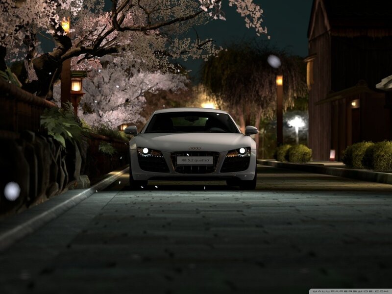 White Audi R8 Car — Serene, Night, 3d Render, Cherry Blossoms
