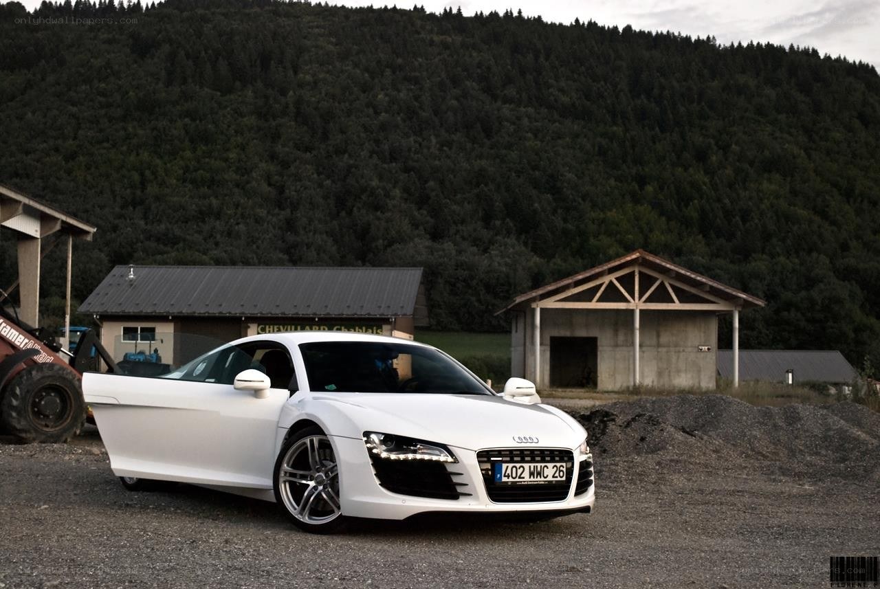 White Audi R8 in a rural setting