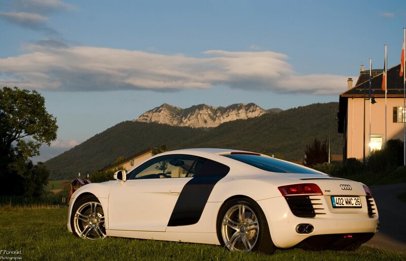 White Audi R8 in a scenic landscape