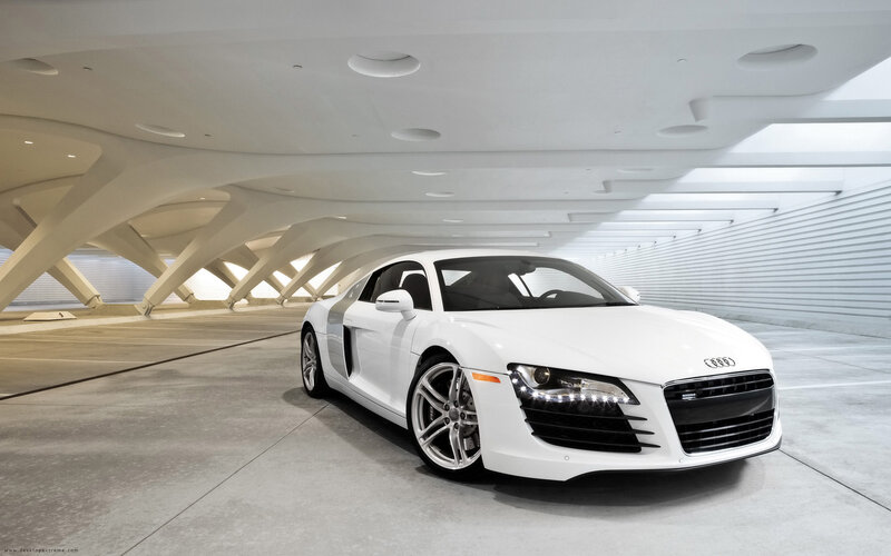 White Audi R8 in modern garage