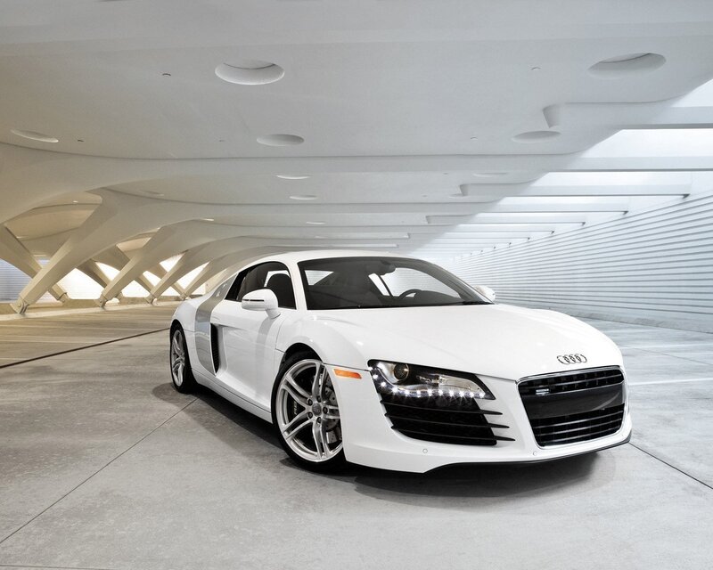 White Audi R8 in modern garage